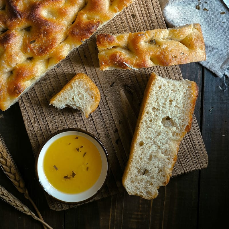 Golden rosemary focaccia finished with coarse sea salt